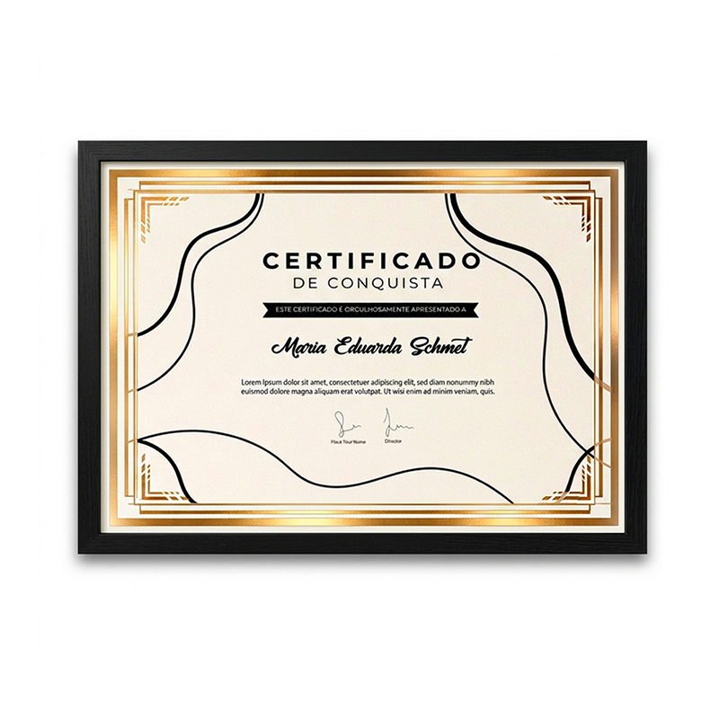 Certificado luxo com bordas douradas formato 21x29,7 cm em quadro 22x32 cm com vidro.